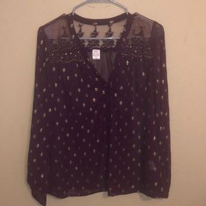 Purple & Gold Sheer Long-sleeve Patterned Blouse